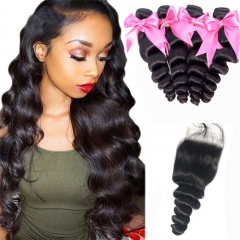 4 Bundles Loose Wave Hair Weft With Lace Closure Natural Black Hot New Hair Products