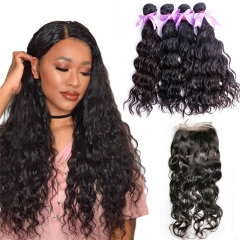 4 Bundles Water Wave Hair Weft With Lace Closure Natural Black Color No Chemical