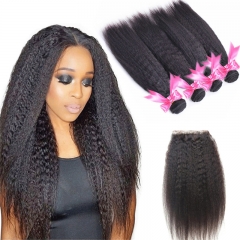 4 Bundles Kinky Straight Hair Weft With Lace Closure Natural Black Color