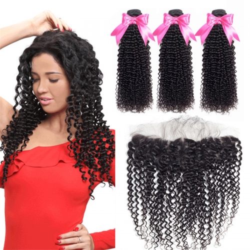 3 Bundles Kinky Curly Hair Weft With 13x4 Lace Frontal With Baby Hair