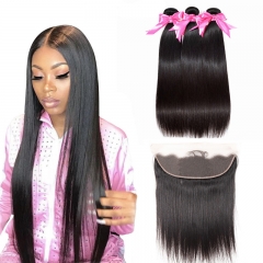 3 Bundles Straight Hair Weft With 13x4 Transparent Lace Frontal With Baby Hair Full And Thick