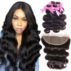 4 Bundles Body Wave Extensions With Transparent Lace Frontal Wtih Baby Hair Machine Double Weft Hair