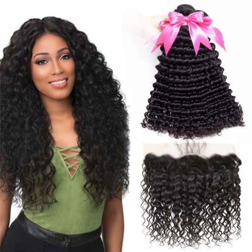 3 Bundles Deep Wave Hair Extensions With 13x4 Transparent Lace Frontal With Baby Hair