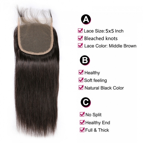 5x5 Straight Lace Closure Virgin Hair Medium Brown Lace Pre Plucked Hairline Swiss HD Lace