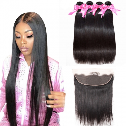 4 Bundles Straight Extensions With Lace Frontal Wtih Baby Hair Machine Double Weft Hair