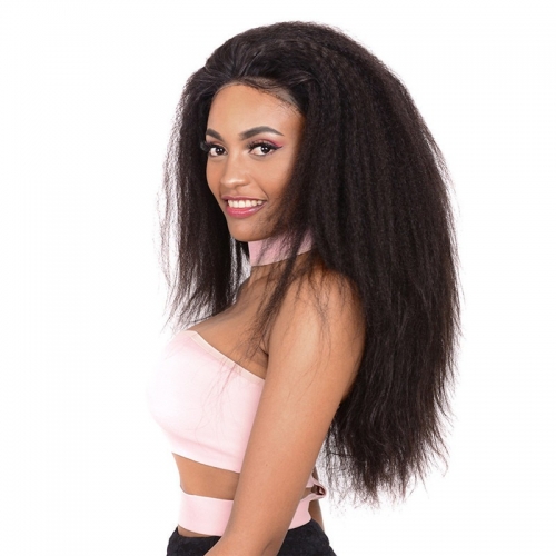 Kinky Straight Lace Front Wig 300% Density Remy Hair Bleached Knots No Chemical Processing Human Hair