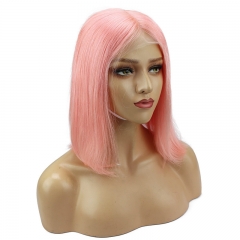 Straight Bob Lace Front Wig Pink Color 150% Density Glueless Can Be Permed Natural Color Hand Tied