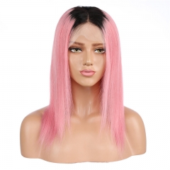 Straight Bob Lace Front Wig 1B/Pink Color Wigs 150% Density Hand Tied Bleached Knots Pre Plucked Hairline