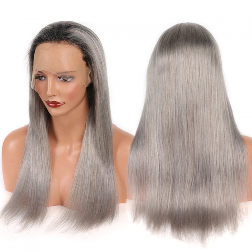 Straight 1B/Grey Color Lace Front Wig No Shedding No Tangle Remy Hair No Chemical Processing Pre Plucked Hairline