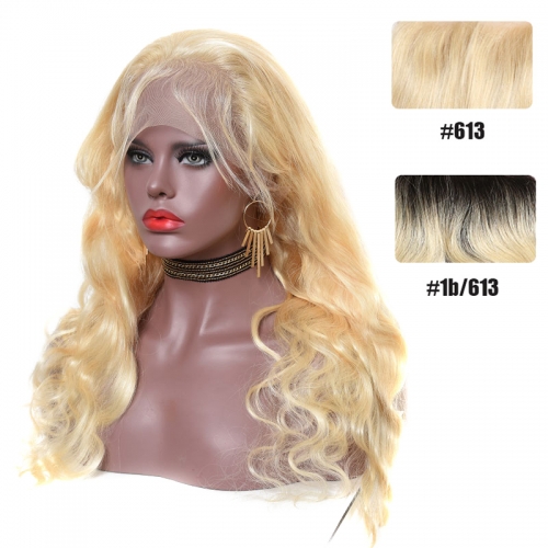 Color Full Lace Wig Body Wave 613 T1B Dark Root Honey Blonde Hair Color Wig