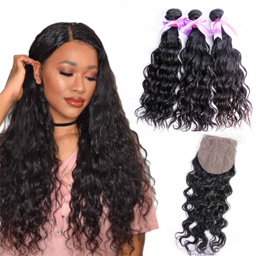 3 Bundles Human Hair Water Wave With Virgin Hair Silk Base Closure