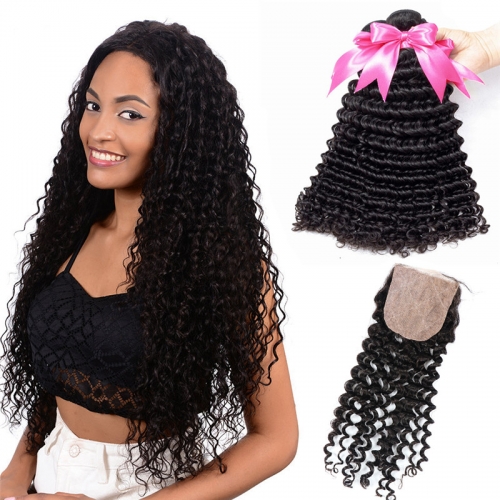 Human Hair Weft 3 Bundles Hair Weaves With Silk Base Closure Deep Wave