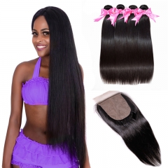 Straight Silk Base Closure With 4 Bundles Hair Weave Natural Black Color No Chemical