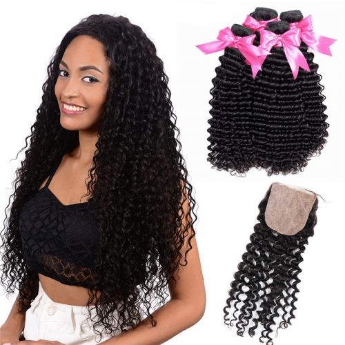 4 Bundles Curly Hair Weave With Deep Wave Silk Base Closure Transparent Lace