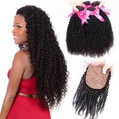 4 Bundles Kinky Curly Hair With Afro Hair Style Silk Base Closure 4x4 Inches