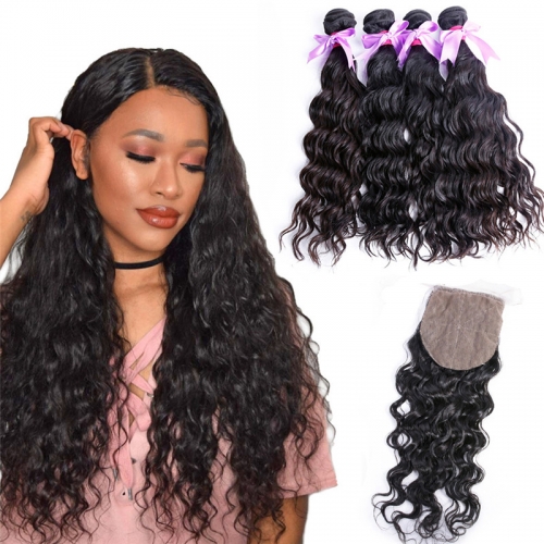 Water Wave 4x4 Inches Silk Base Closure With 4 Bundles Human Hair Bundles