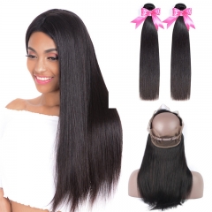 2 Bundles Straight Human Hair Weave With Natural Black Color 360 Lace Frontal