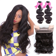 2 Bundles Virgin Hair BodyWave Natural Color With 360 Lace Frontal Natural Hairline