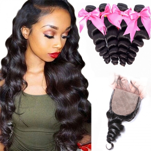 Loose Wave 4x4 Inches Silk Base Closure With 4 Bundles Human Hair Bundles