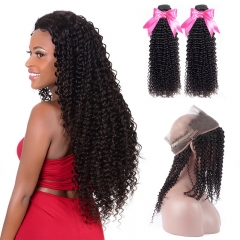 2 Bundles Afro Kinky Curly Natural Color Hair With 360 Lace Frontal With Baby Hair