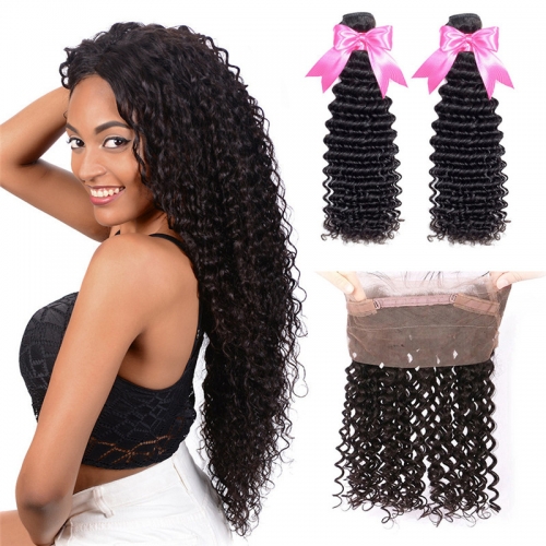 2 Bundles Human Hair With Natural Hairline 360 Lace Frontal  Deep Wave
