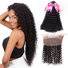 3 Bundles Human Hair With Natural Hairline 360 Lace Frontal  Deep Wave