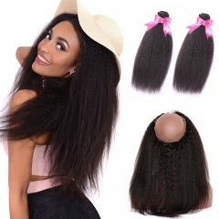 2 Bundles Natural Hair Afro Kinky Straight Hair With 360 Lace Frontal With Natural Hairline