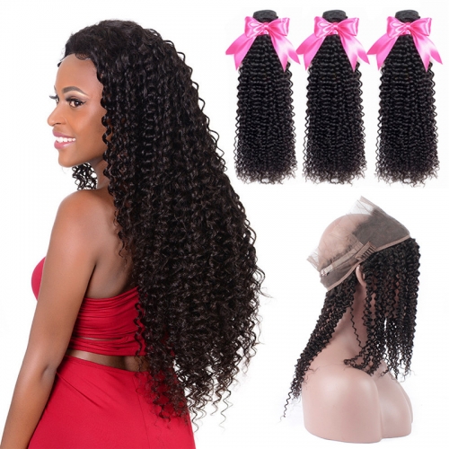3 Bundles Afro Kinky Curly Natural Color Hair With 360 Lace Frontal With Baby Hair