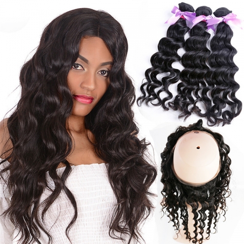 3 Bundles Natural Wave Natural Color Hair With 360 Lace Frontal Wavy Hair