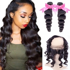 2 Bundles Virgin Hair Loose Wave With Natural Color 360 Lace Frontal