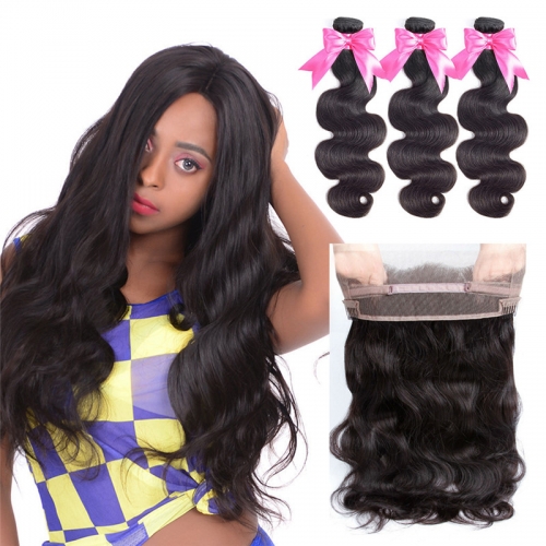3 Bundles Virgin Hair BodyWave Natural Color With 360 Lace Frontal Natural Hairline