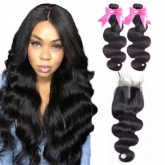 2 Bundles Body Wave Hair Weft With Transparent Lace Closure Beautiful 100% Natural