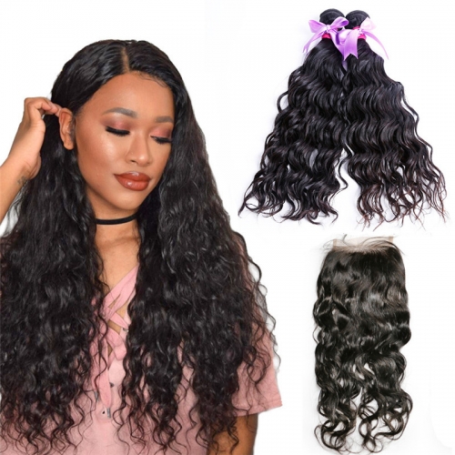 2 Bundles Water Wave Hair Weft With Lace Closure Natural Beautiful Soft New Arrival Can Be Dyed Hair Extensions