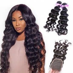 2 Bundles Natural Wave/Wavy No Tangle Human Hair With Transparent Lace Closure