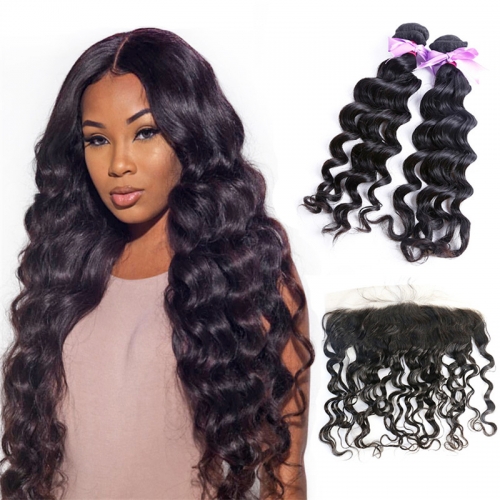 2 Bundles Natural Wave Wavy With Lace Frontal No Tangle Human Hair