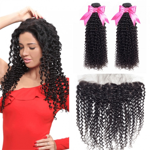 2 Bundles Kinky Curly Hair Weft With Lace Frontal Human Hair With Baby Hair
