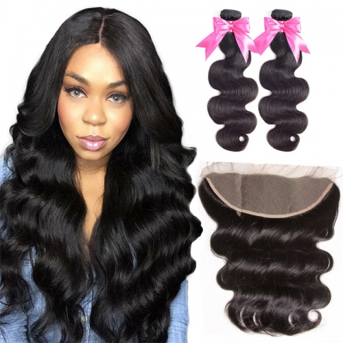 2 Bundles Body Wave Hair Weft With Lace Frontal Beautiful 100% Natural