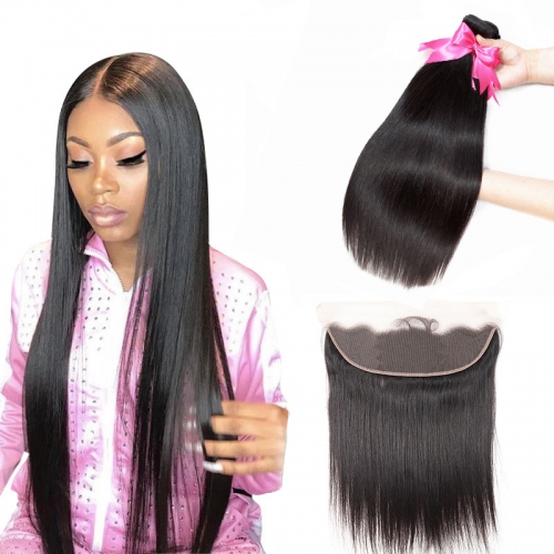 2 Bundles Straight Natural Color Hair Weft With Human Hair Lace Frontal