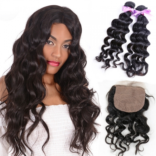 2 Bundles With Silk Base Lace Closure With Baby Hair Wavy Cheap Virgin Hair Weft