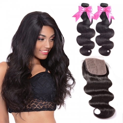 2 Bundles Body Wave Silk Base Closure With Hair Weaves Bundle Deals Full Head