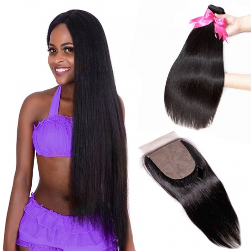 2 Bundles Straight Natural Color Hair Weft With Silk Base Closure Companies