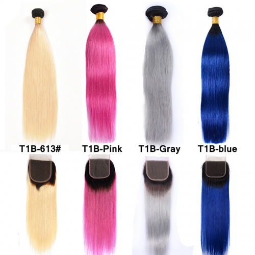 3 Bundles Human Hair Weave Ombre Hair Color Straight Hair Weft With Lace Closure