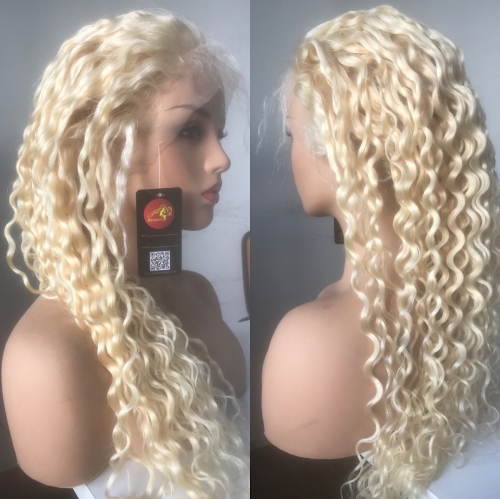 Blond Color Full Lace Wig  Deep Wave 130% Density Ombre Color 100% Human Glueless