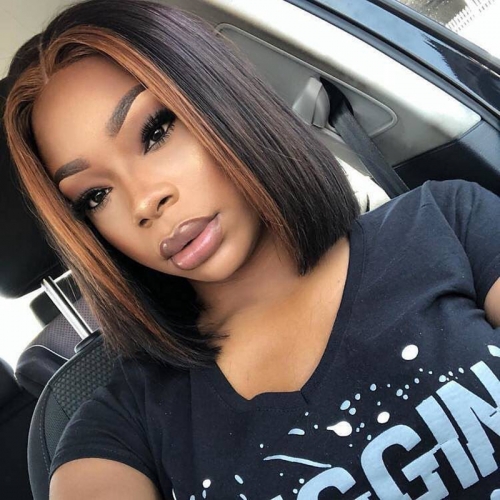 Straight Highlights Long Bob Wigs Lace Front Wig With Middle Part