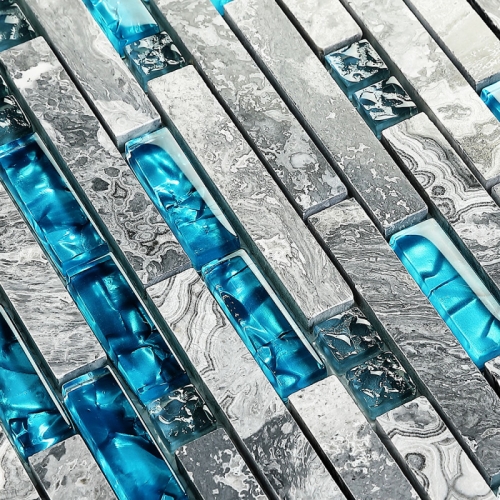 Blue Glass Shower Backsplash Tile Mixed Grey Marble Mosaic GST02