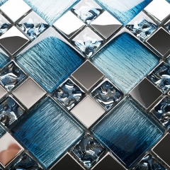 Blue Glass Metal Tile Backsplash Square Mosaic MGT05