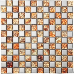 Square Glitter Glass and Brushed Aluminum Mosaic Tile in Metallic Grey Wall Backsplash MGT024