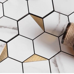 Plastic Peel and Stick Tile in White and Golden Stone Look for Kitchen Backsplash and Wall Adhesive Tiles SOT1025