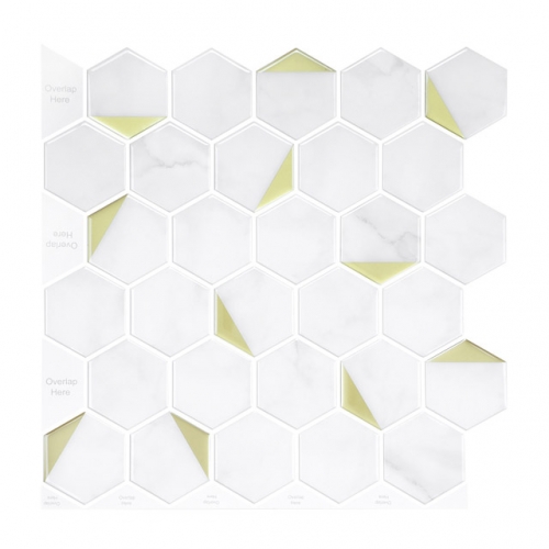White and Gold Tile Peel and Stick Backsplash Hexagon Mosaic SOT1085 12"In x 12"In x 1mm（0.97 Sq.ft/Sheet）