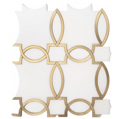 White Arabesque Backsplash Tile with Gold Accents Marble Mosaic SMT218（1 Sq.ft / Sheet)